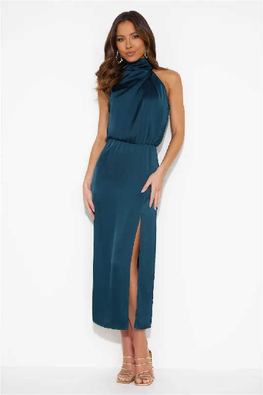 All For Passion Satin Maxi Dress Teal