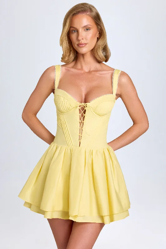 Pintucked Lace-Up Corset Mini Dress in Pastel Yellow