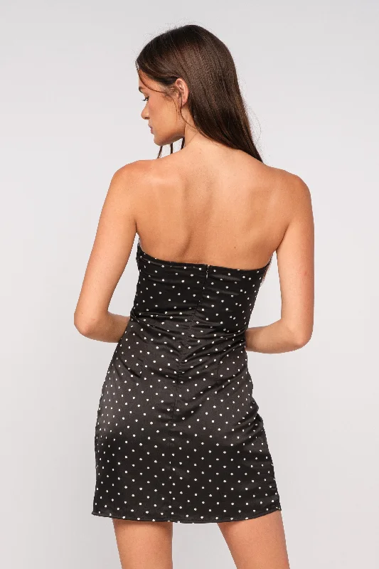 Harper Black Dot Ribbon Trim Strapless Mini Dress