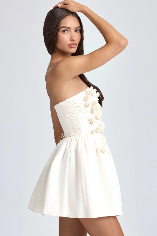 Bandeau Floral-Appliqué Corset Mini Dress in Ivory