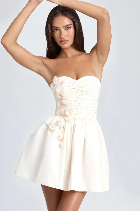 Bandeau Floral-Appliqué Corset Mini Dress in Ivory