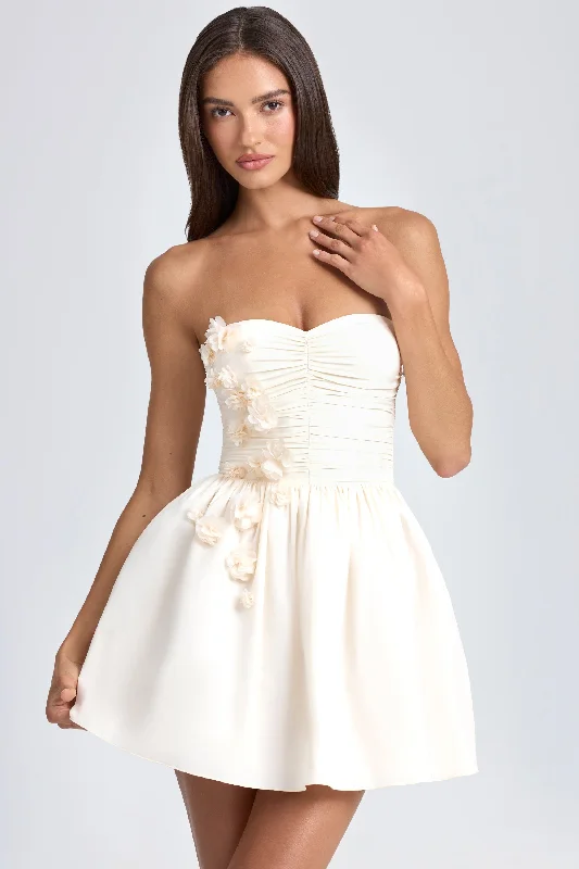 Bandeau Floral-Appliqué Corset Mini Dress in Ivory