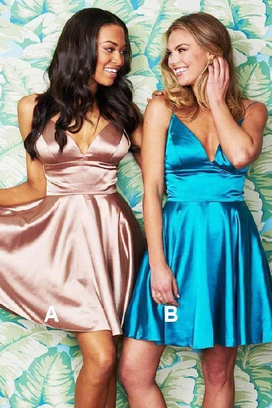 A-Line Spaghetti Straps Short Blush Satin Homecoming Dress PD055