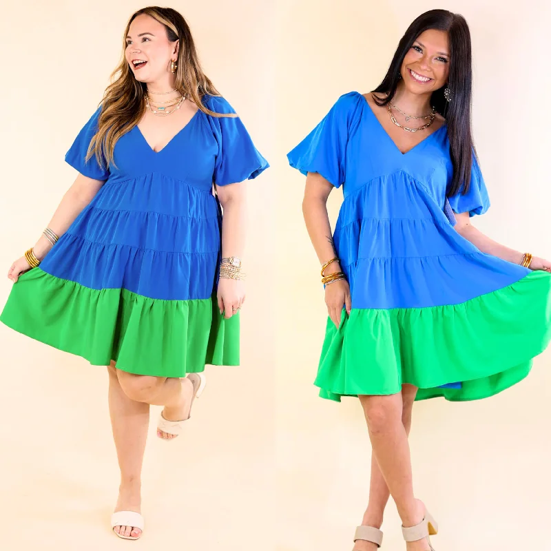 Trendy City Puff Sleeve Tiered Dress with Green Hemline in Blue