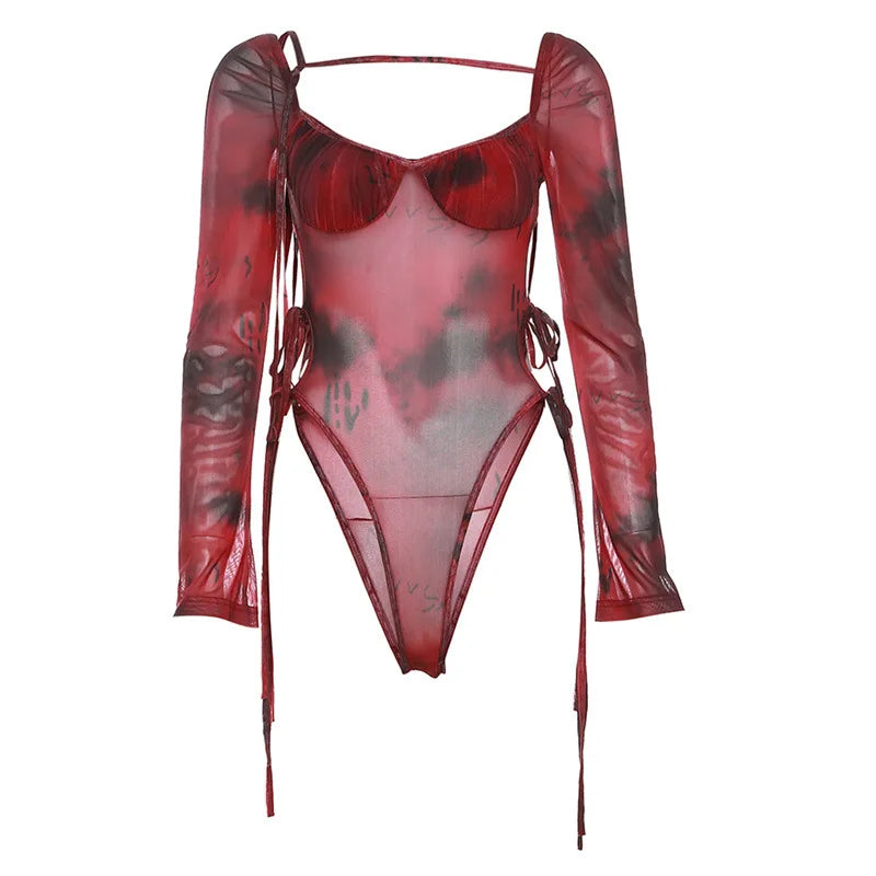 Red Spot Print Distinctive High Street Tight Sexy Cool Women Spring Jumpsuit Crop Top