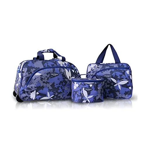 3Pc Rolling Wheel Travel Bag And Cosmetic Bag Purse Tote Set Blue Butterflies