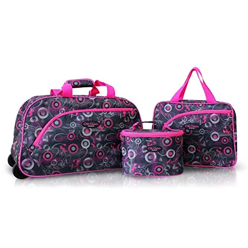 3Pc Rolling Wheel Travel Bag And Cosmetic Bag Purse Tote Set Pink Circles
