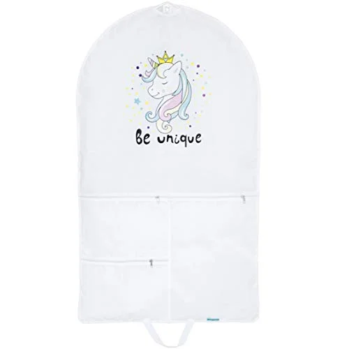 Dance Garment Bag For Costumes-Girls Unicorn Bag White Cover with 3 Large pockets at front BE UNIQUE UNICORN LOGO Strong Sturdy Zip at Back Great for Storage & Traveling 47x27 inches