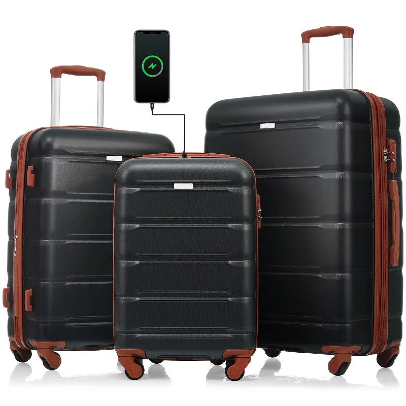 Luggage Set of 3, Suitcase w/ USB Port & Cup Holder, Airline Certified Carry-on Luggage ABS Hard Shell Luggage w/ Spinner Wheels
