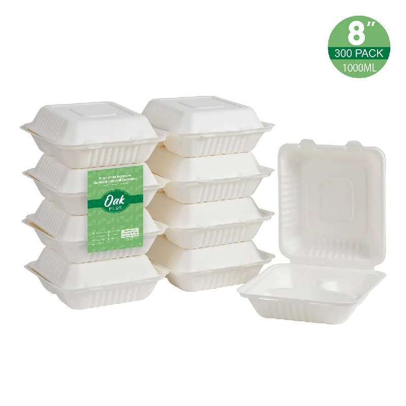 Oak PLUS 300 Pack Disposable Sugarcane Sectional Clamshell Containers