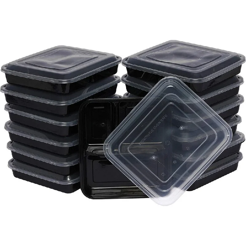 Table To Go 20-Pack Bento Lunch Boxes with Lids (3 Compartment/ 32 oz) , Freezer Safe Meal Prep Containers , (Black) - Black