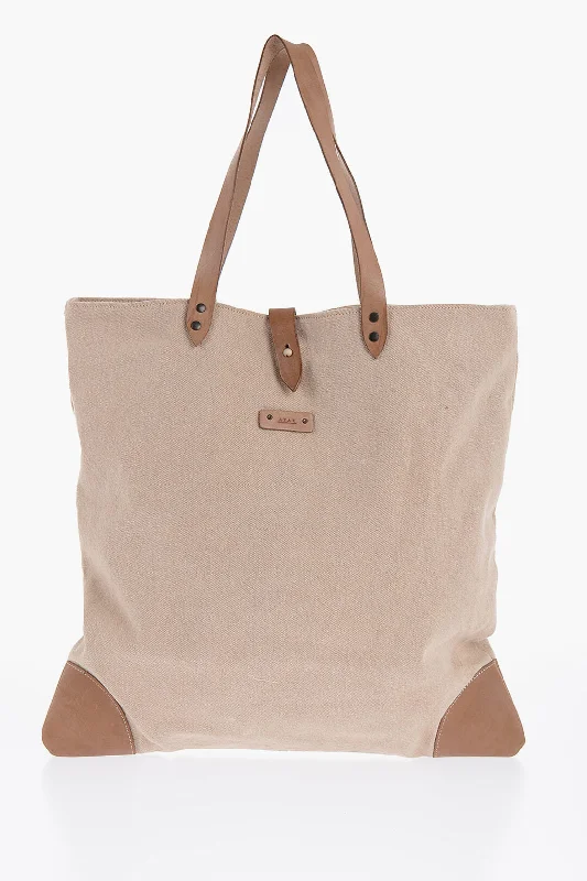Tote Bag with Adjustable Shoulder Strap in Olive Green for Comfortable CarryingAfar Cotton Tote Bag With Leather Details Tote Bag with Adjustable Shoulder Strap in Olive Green for Comfortable CarryingAfar Cotton Tote Bag With Leather Details