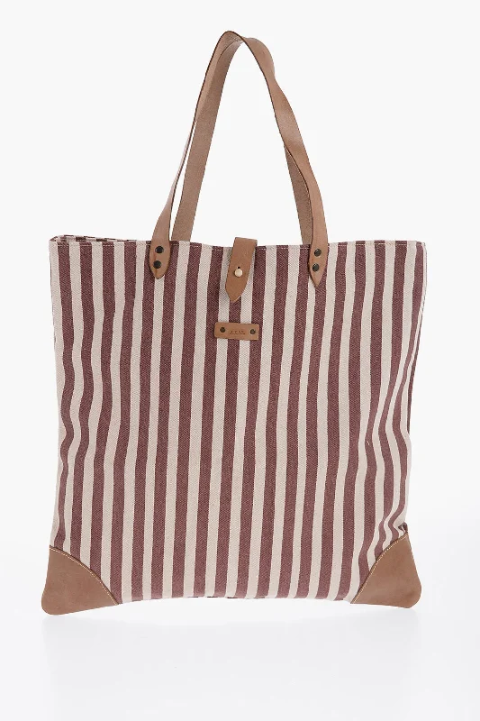 Women's Tote Bag with Detachable Pouch in Purple for Added ConvenienceAfar Striped Cotton Tote Bag With Leather Details Women's Tote Bag with Detachable Pouch in Purple for Added ConvenienceAfar Striped Cotton Tote Bag With Leather Details