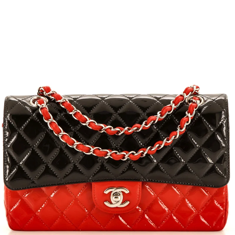 Shoulder Bag with Chain Strap in Silver for a Trendy AppearanceBicolor Classic Double Flap Bag Quilted Patent Medium Shoulder Bag with Chain Strap in Silver for a Trendy AppearanceBicolor Classic Double Flap Bag Quilted Patent Medium