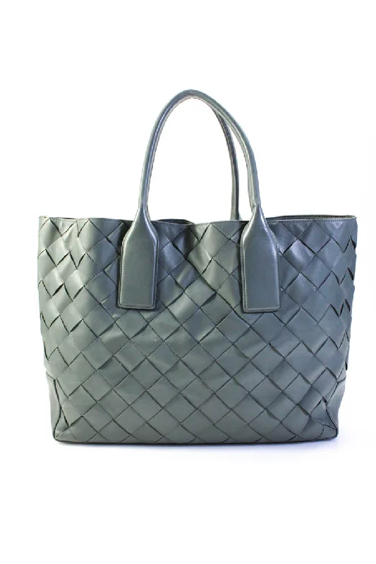 Bottega Veneta Womens Lambskin Large Cabat Tote Handbag Teal Gray
