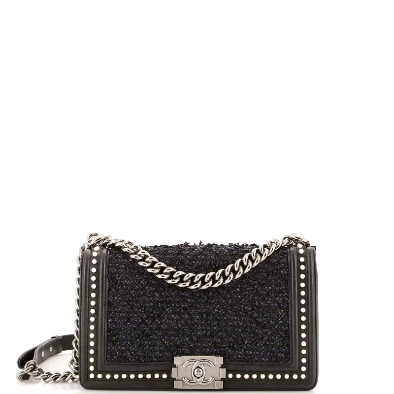 Women's Shoulder Bag with Fringe Details in Brown for a Bohemian StyleBoy Flap Bag Quilted Tweed with Pearl Embellished Calfskin Old Medium Women's Shoulder Bag with Fringe Details in Brown for a Bohemian StyleBoy Flap Bag Quilted Tweed with Pearl Embellished Calfskin Old Medium