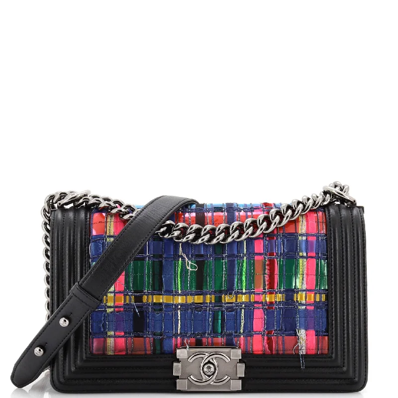 Shoulder Bag with Geometric Pattern in Multicolor for a Contemporary StyleBoy Flap Bag Woven PVC with Tweed Old Medium