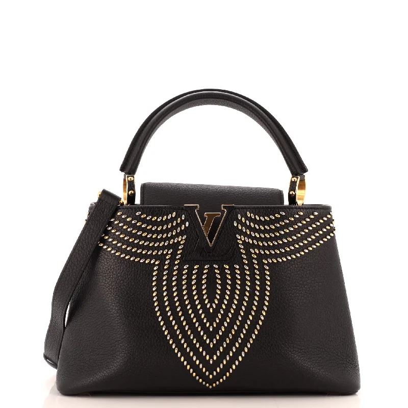 Crossbody Shoulder Bag in Black Leather with Gold Hardware for Night OutsCapucines Bag Fleur De Lys Taurillon Leather PM Crossbody Shoulder Bag in Black Leather with Gold Hardware for Night OutsCapucines Bag Fleur De Lys Taurillon Leather PM