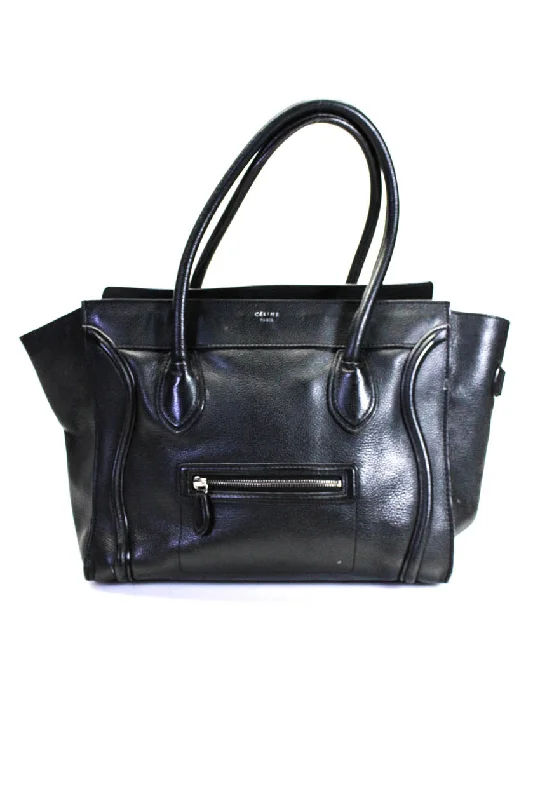 Celine Womens Pebble Grain Leather Zip  Mini Luggage Tote Black Large Handbag