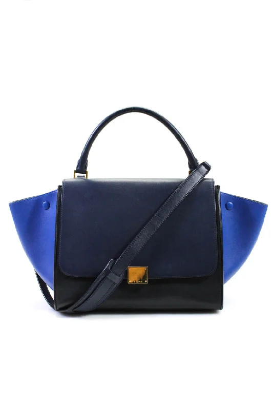 Celine Womens Tri-Color Medium Trapeze Leather Flap Tote Handbag Navy Blue