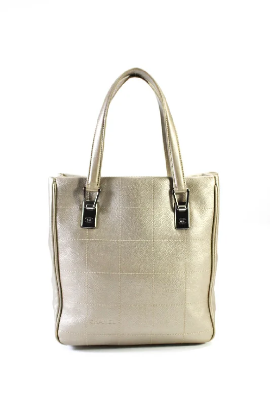 Chanel Womens Double Handle Metallic Caviar Leather Quilted Tote Handbag Brown