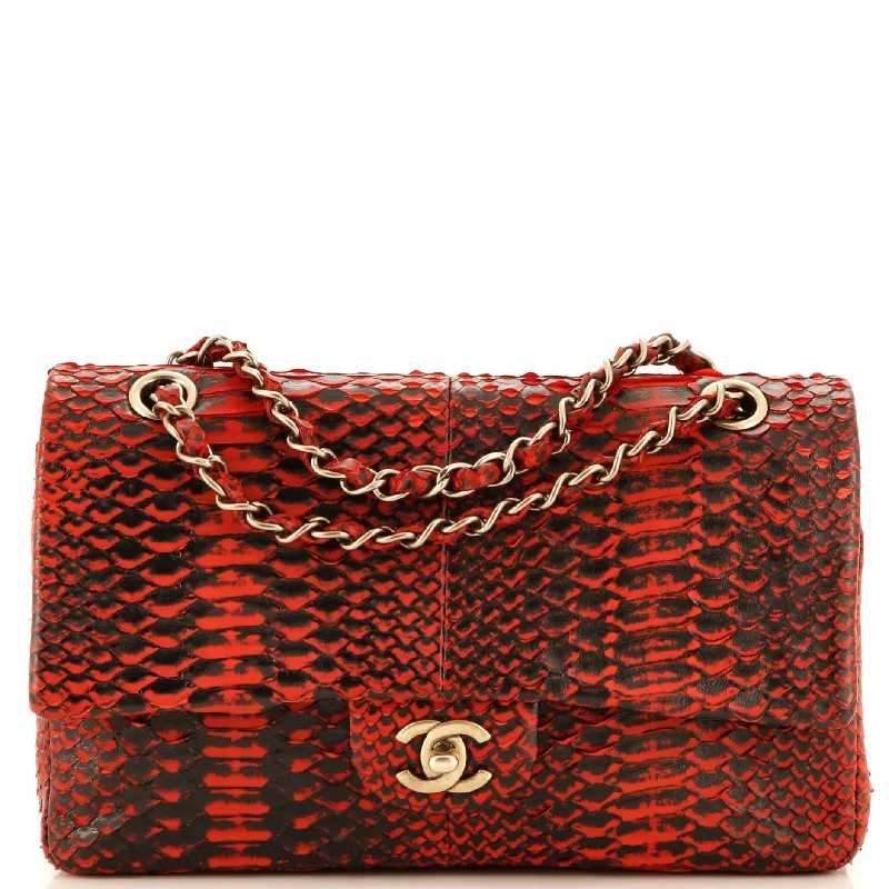 Women's Shoulder Bag with Zippered Pockets in Orange for SafetyClassic Double Flap Bag Python Medium Women's Shoulder Bag with Zippered Pockets in Orange for SafetyClassic Double Flap Bag Python Medium
