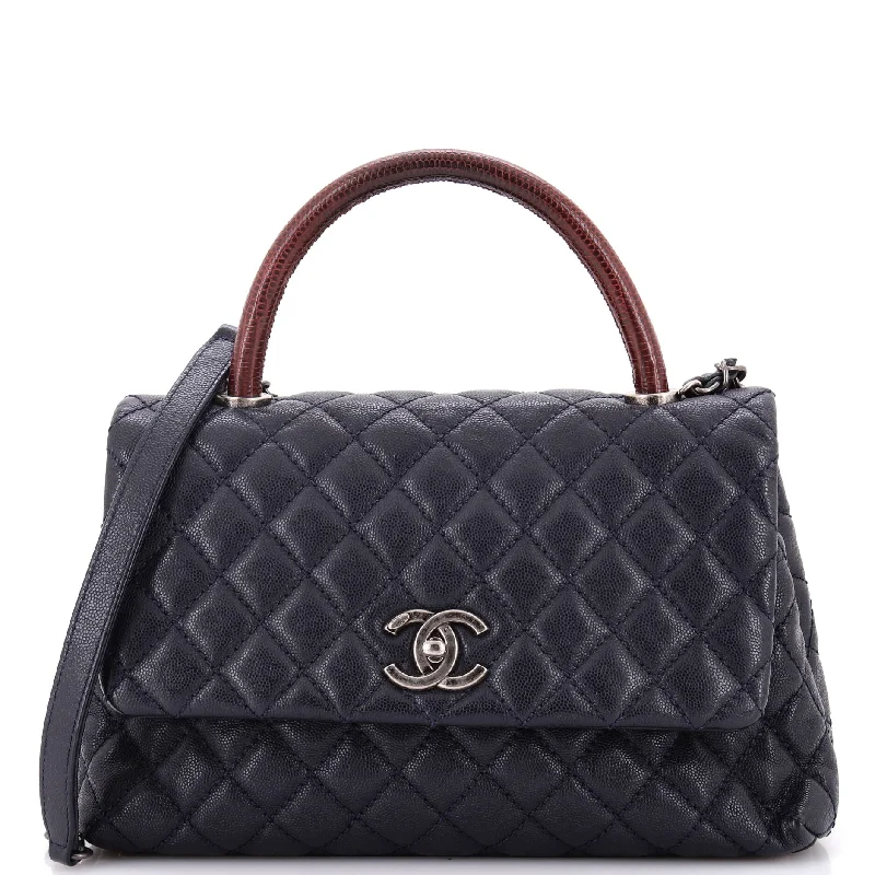 Leather Shoulder Bag with Magnetic Closure in Black for Quick AccessCoco Top Handle Bag Quilted Caviar with Lizard Small