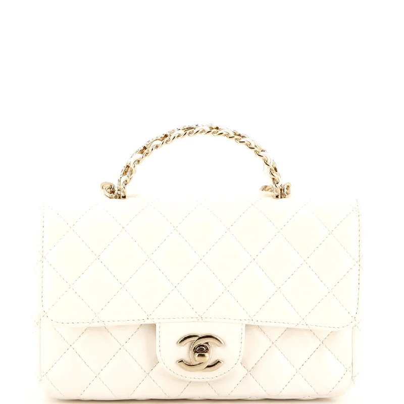 Crystal Chain Flap Top Handle Bag Quilted Lambskin Small
