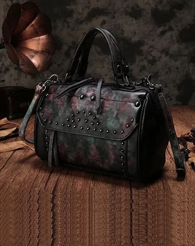 Vintage WOmens Green Leather Handbags Studded Work Bag Vintage Leather Shoulder Purses