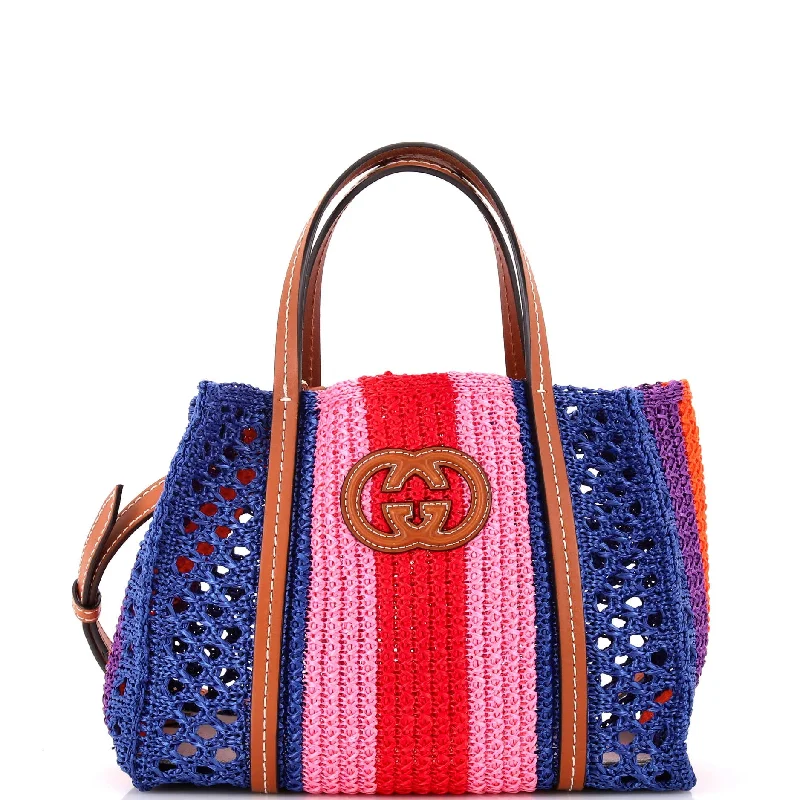Patchwork Tote Bag in Denim with Vintage - Inspired Designs for a Retro AppealInterlocking G Web Tote Raffia and Leather Small Patchwork Tote Bag in Denim with Vintage - Inspired Designs for a Retro AppealInterlocking G Web Tote Raffia and Leather Small