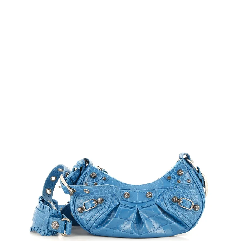 Women's Shoulder Bag with Faux Fur Strap in White for Winter StyleLe Cagole Giant Studs Shoulder Bag Crocodile Embossed Leather Small Women's Shoulder Bag with Faux Fur Strap in White for Winter StyleLe Cagole Giant Studs Shoulder Bag Crocodile Embossed Leather Small
