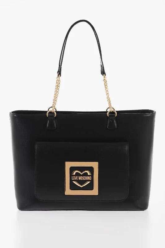 Medium - Sized Canvas Tote Bag in Navy Blue with Striped Pattern for a Nautical - Inspired LookMoschino Love Faux Leather Tote Bag With Golden Details
