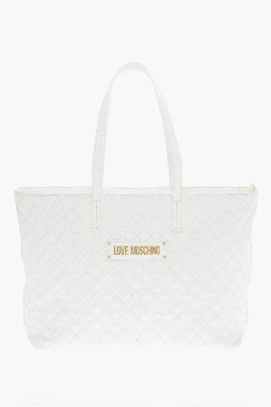 Women's Tote Bag with Inner Compartments in Gray for Organizing Everyday EssentialsMoschino Love Quilted Faux Leather Tote Bag With Metal Logo Women's Tote Bag with Inner Compartments in Gray for Organizing Everyday EssentialsMoschino Love Quilted Faux Leather Tote Bag With Metal Logo