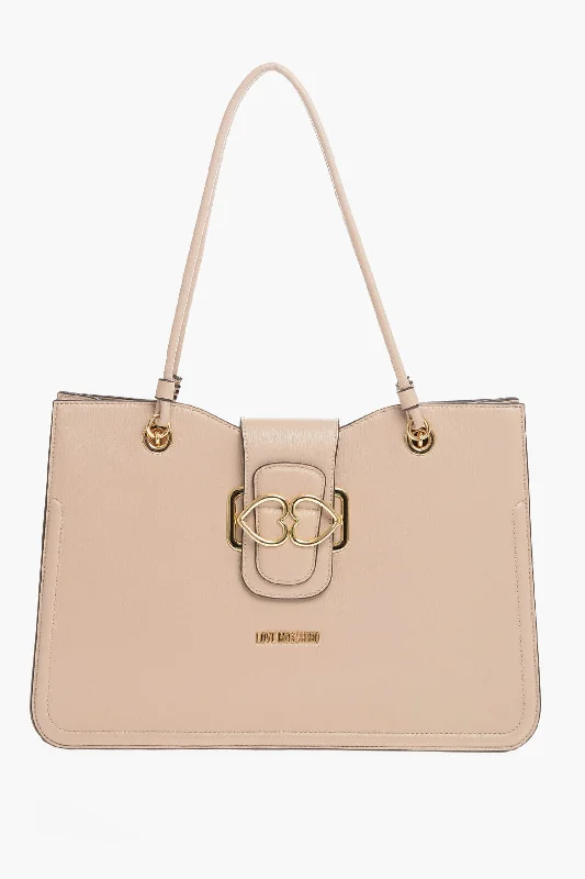 Oversized Jute Tote Bag in Natural Color with Rope Handles for a Beach VacationMoschino Textured Faux Leather Bridge Tote Bag With Heart Shaped Gold