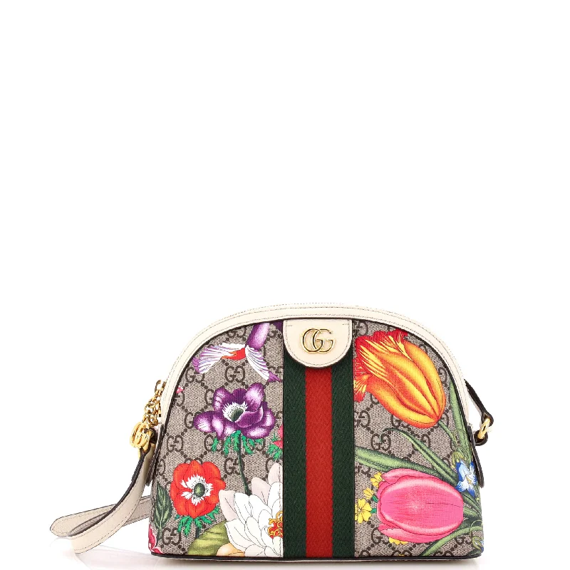 Women's Shoulder Bag with Floral Embroidery in Purple for Spring WalksOphidia Dome Shoulder Bag Flora GG Coated Canvas Small Women's Shoulder Bag with Floral Embroidery in Purple for Spring WalksOphidia Dome Shoulder Bag Flora GG Coated Canvas Small