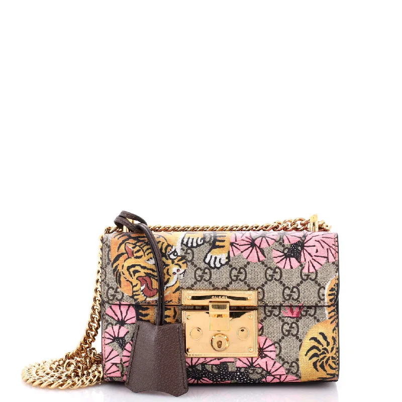 Shoulder Bag with Chain Strap in Silver for a Trendy AppearancePadlock Shoulder Bag Bengal Print GG Coated Canvas Small Shoulder Bag with Chain Strap in Silver for a Trendy AppearancePadlock Shoulder Bag Bengal Print GG Coated Canvas Small
