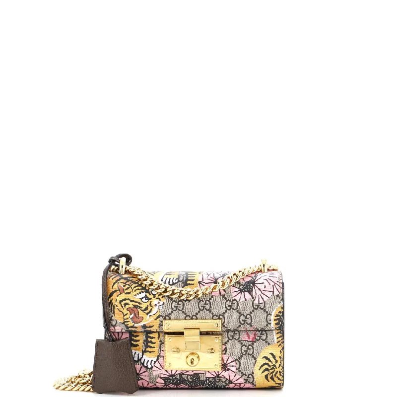 Women's Shoulder Bag with Floral Embroidery in Purple for Spring WalksPadlock Shoulder Bag Bengal Print GG Coated Canvas Small Women's Shoulder Bag with Floral Embroidery in Purple for Spring WalksPadlock Shoulder Bag Bengal Print GG Coated Canvas Small