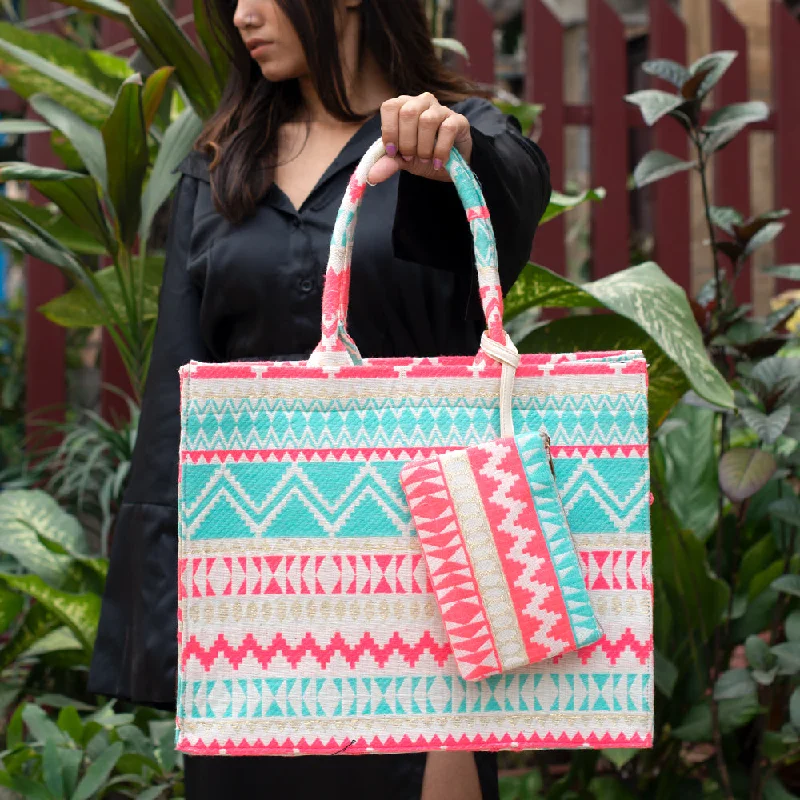 Women's Tote Bag with Detachable Pouch in Purple for Added ConveniencePink and Sky Blue Color Geometric Pattern Tote Bag Women's Tote Bag with Detachable Pouch in Purple for Added ConveniencePink and Sky Blue Color Geometric Pattern Tote Bag