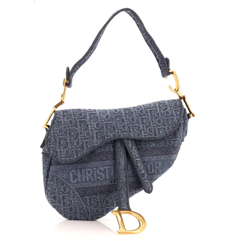 Women's Canvas Shoulder Bag in Navy with Striped Pattern for Beach TripsSaddle Handbag Oblique Denim Medium Women's Canvas Shoulder Bag in Navy with Striped Pattern for Beach TripsSaddle Handbag Oblique Denim Medium