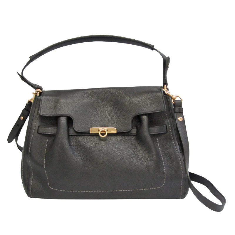 Crossbody Shoulder Bag in Black Leather with Gold Hardware for Night OutsSalvatore Ferragamo Gancini  Leather Shoulder Bag (Pre-Owned)
