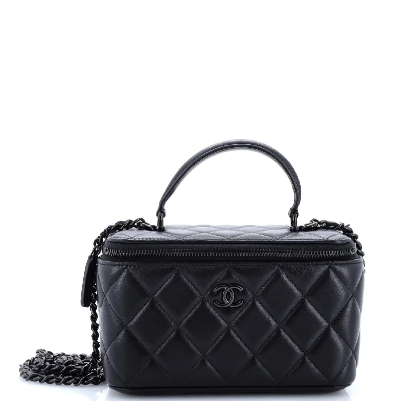 Leather Shoulder Bag with Magnetic Closure in Black for Quick AccessSo Black Top Handle Vanity Case with Chain Quilted Lambskin Small Leather Shoulder Bag with Magnetic Closure in Black for Quick AccessSo Black Top Handle Vanity Case with Chain Quilted Lambskin Small