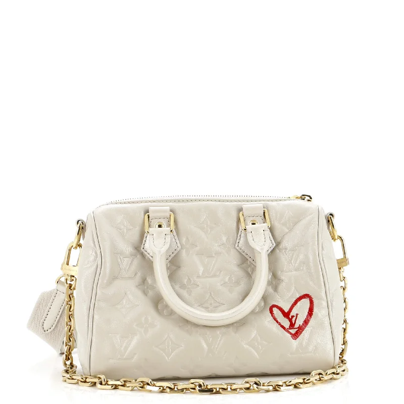 Women's Shoulder Bag with Faux Fur Strap in White for Winter StyleSpeedy Bandouliere Bag Limited Edition Fall in Love Monogram Embossed Lambskin 22 Women's Shoulder Bag with Faux Fur Strap in White for Winter StyleSpeedy Bandouliere Bag Limited Edition Fall in Love Monogram Embossed Lambskin 22