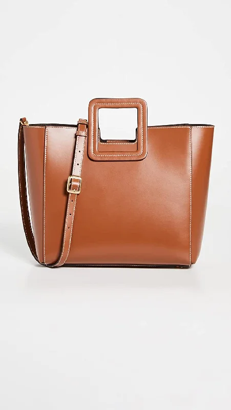 Staud Women Shirley Detachable Crossbody Strap Zip Pouch Leather Tote Bag Tan OS
