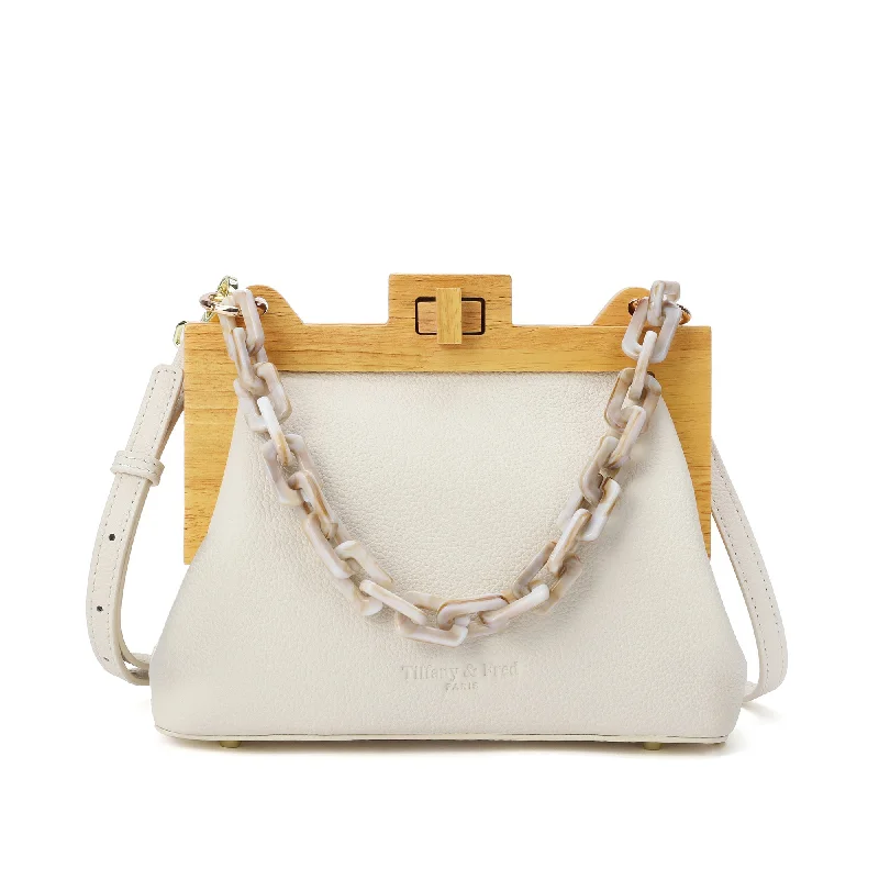 Women's Shoulder Bag with Faux Fur Strap in White for Winter StyleTiffany & Fred Full-Grain Leather & Real Wood Frame