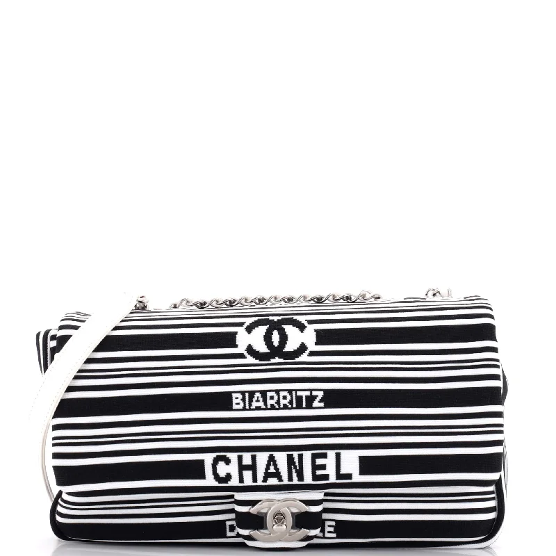 Shoulder Bag with Chain Strap in Silver for a Trendy AppearanceVenise Biarritz Flap Bag Striped Canvas Medium Shoulder Bag with Chain Strap in Silver for a Trendy AppearanceVenise Biarritz Flap Bag Striped Canvas Medium
