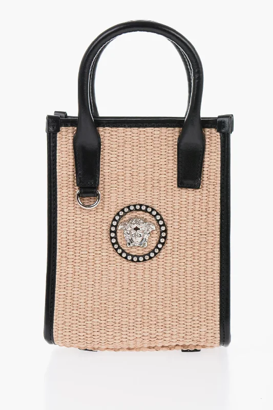Small Vegan Leather Tote Bag in Blush Pink with Gold - Tone Hardware for a Feminine and Stylish AccessoryVersace Rafia Logoed Mini Tote Bag With Leather Trims Small Vegan Leather Tote Bag in Blush Pink with Gold - Tone Hardware for a Feminine and Stylish AccessoryVersace Rafia Logoed Mini Tote Bag With Leather Trims