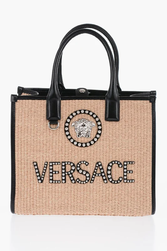 Medium - Sized Canvas Tote Bag in Navy Blue with Striped Pattern for a Nautical - Inspired LookVersace Rafia Logoed Tote Bag With Leather Trims Medium - Sized Canvas Tote Bag in Navy Blue with Striped Pattern for a Nautical - Inspired LookVersace Rafia Logoed Tote Bag With Leather Trims