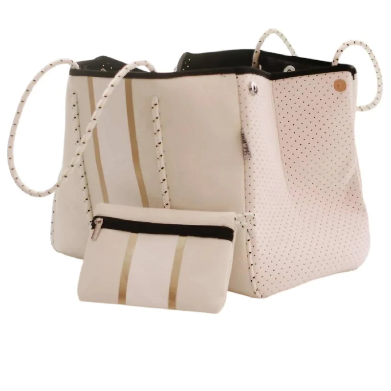 Women's Tote Bag with Detachable Pouch in Purple for Added ConvenienceWomen's South Beach Neoprene Bag In Gold Stripe White Women's Tote Bag with Detachable Pouch in Purple for Added ConvenienceWomen's South Beach Neoprene Bag In Gold Stripe White