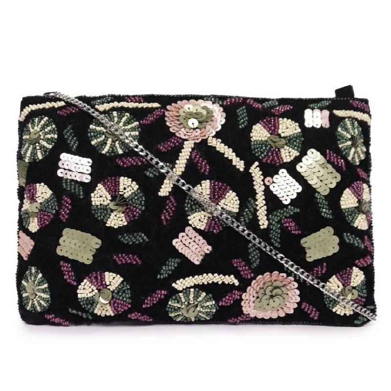Women's Studded Leather Evening Bag in Black for Rock - n - Roll NightsBlack Beaded Embroidered Woven Makeup/Travel Pouch