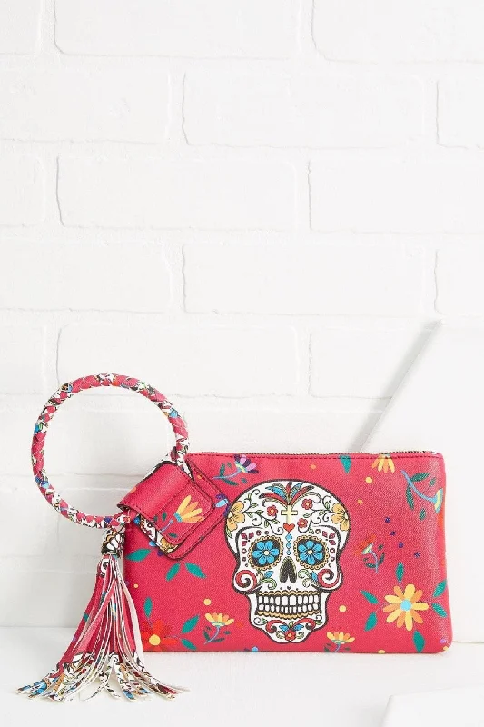 Women's Metallic Leather Clutch in Rose Gold for Valentine's DateJY0406 Gabriela Sugar Skull Day of the Dead Tassel Wristlet/Clutch